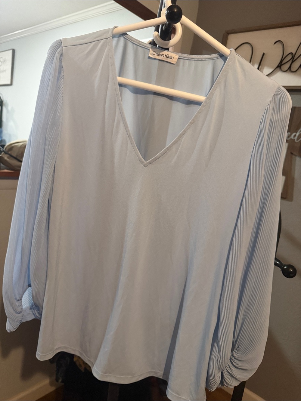Calvin Klein Light Blue Pleated-Sleeve V-Neck Blouse